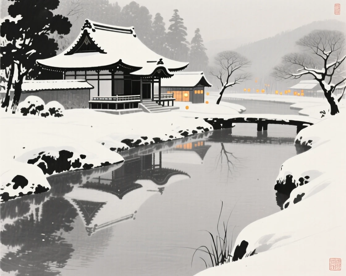 A quiet snowbound temple during the depths of winter beside a still, reflective canal, balanced between soft shadow and warm points of light, evoking festive warmth and communal joy.