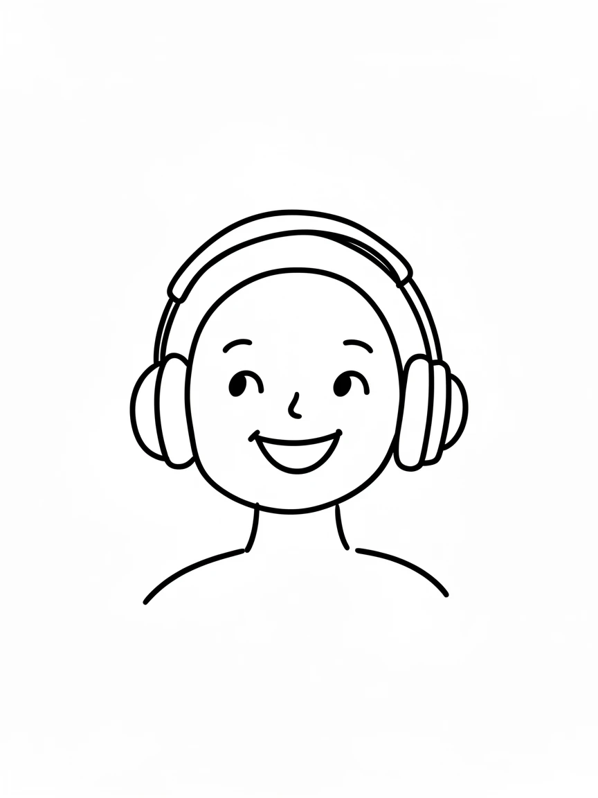 Minimalistic black-and-white drawing of a smiling face wearing headphones, perfect for music or podcast-related themes.