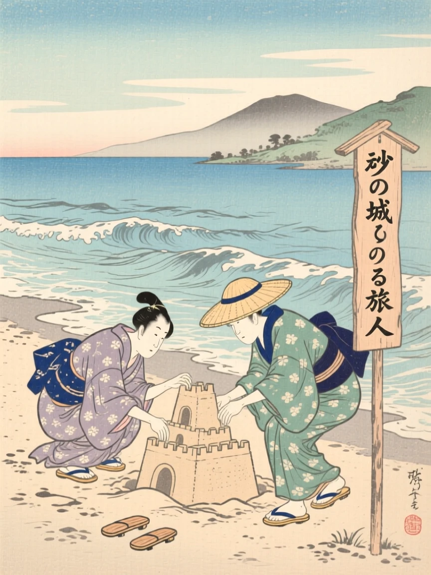 A traveler building a small sandcastle together.