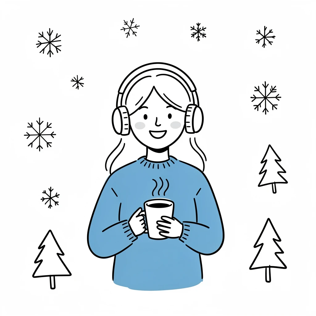 A smiling woman in a blue sweater enjoys music with headphones, holding a steaming coffee cup in a snowy, festive background.