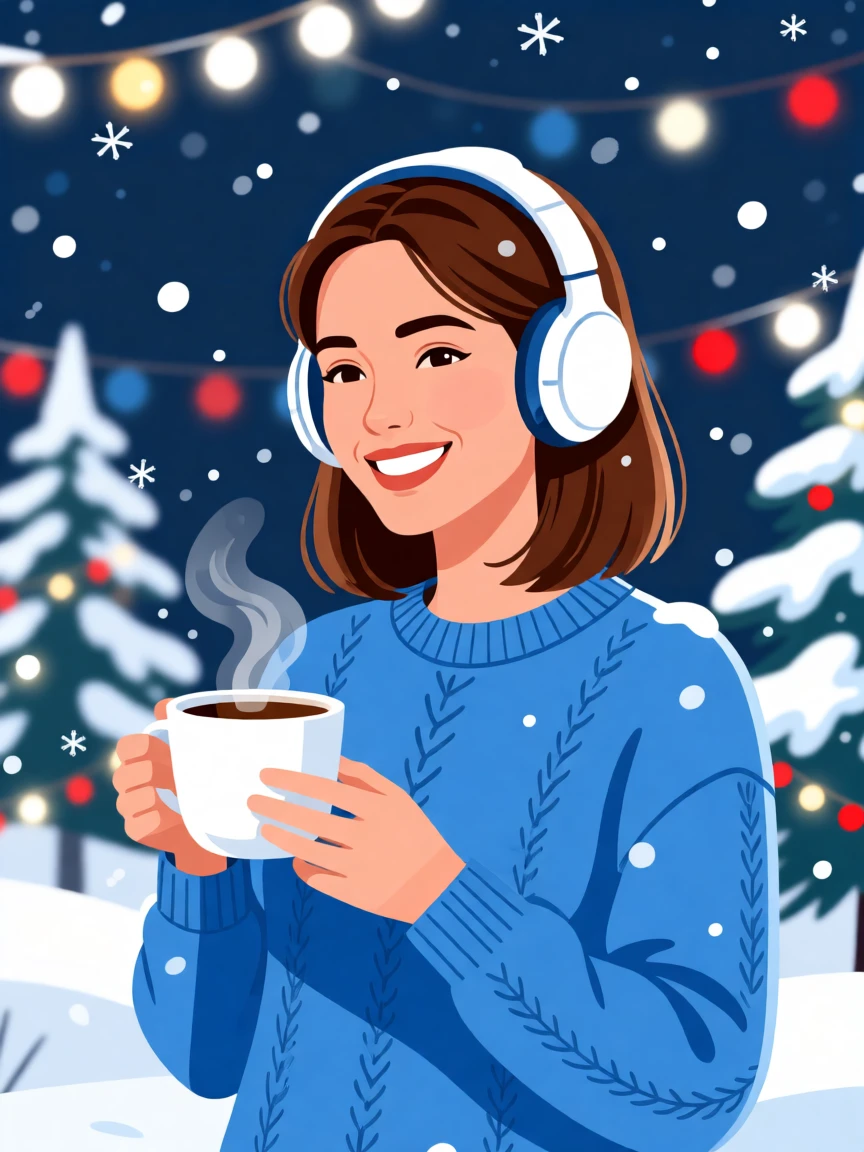 A smiling woman in a blue sweater enjoys music with headphones, holding a steaming coffee cup in a snowy, festive background.