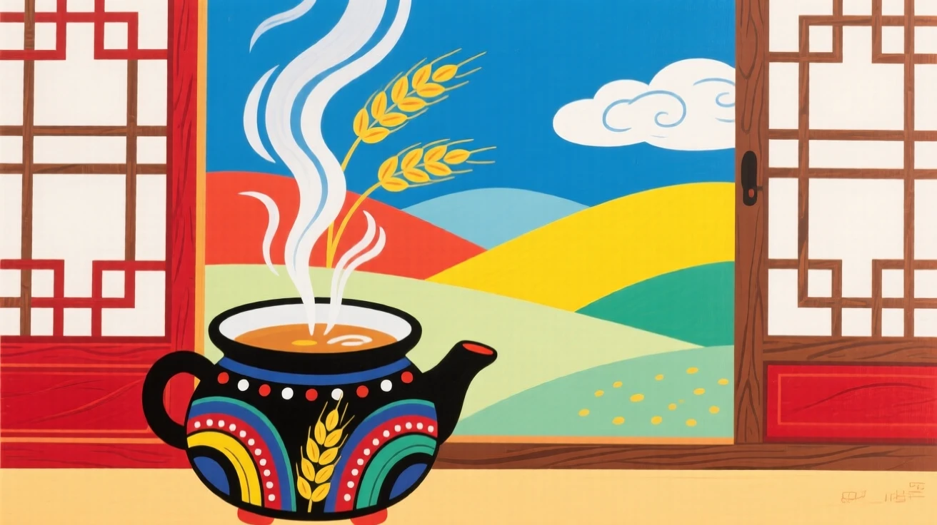 A pot of barley tea steaming gently beside a window.