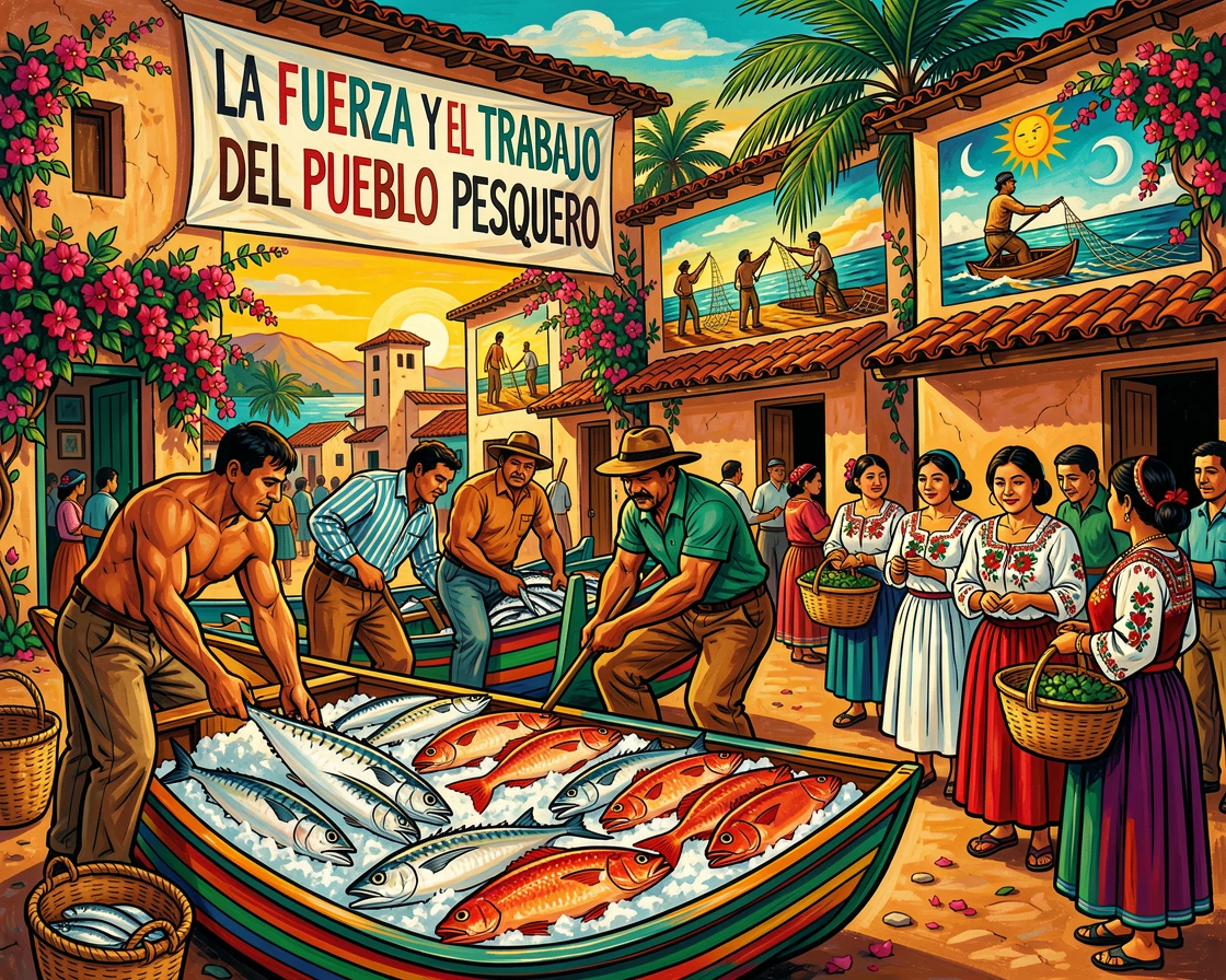 A fishing village market with fresh catch displayed on ice