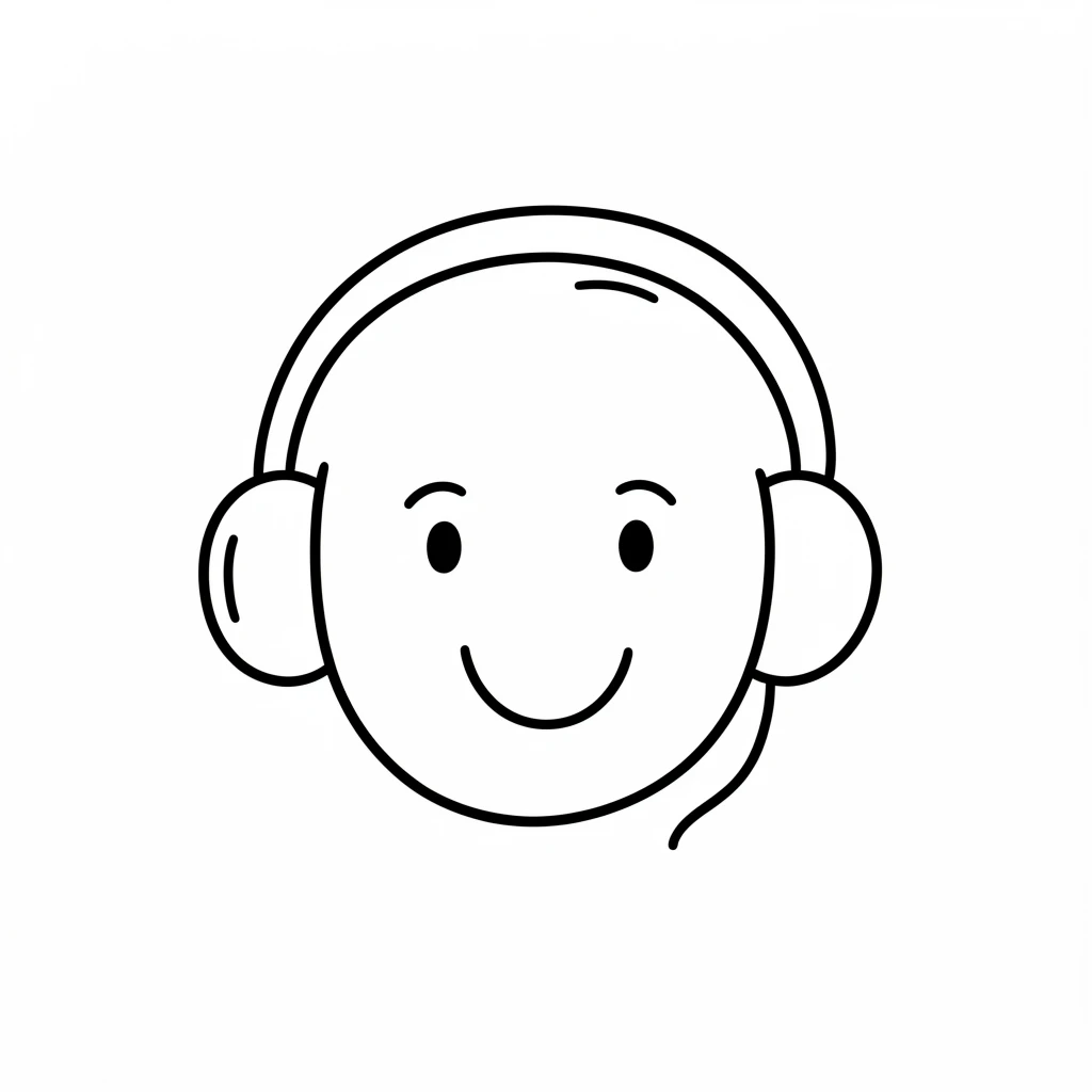 Minimalistic black-and-white drawing of a smiling face wearing headphones, perfect for music or podcast-related themes.