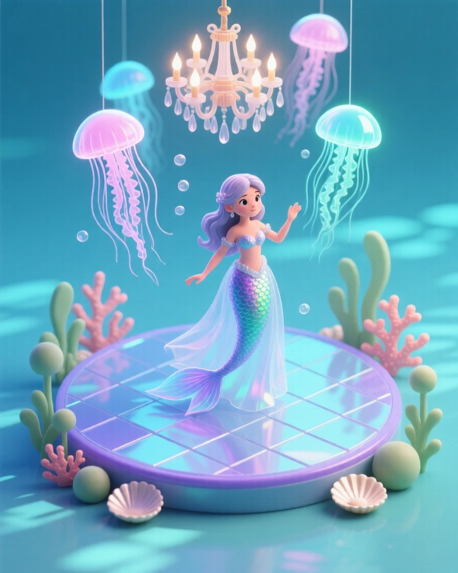 A young mermaid attending an underwater ball, bioluminescent jellyfish serving as chandeliers above the dance floor.