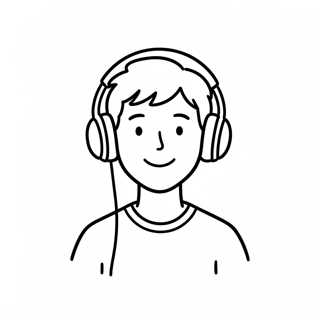 Minimalistic black-and-white drawing of a handsome boy wearing headphones, perfect for music or podcast-related themes.