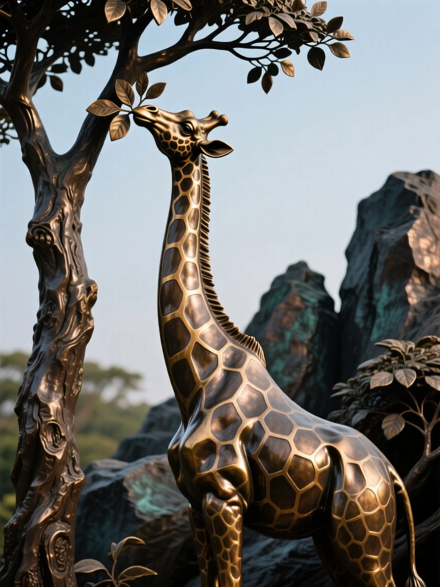 A giraffe reaching gracefully into a treetop, framed by dramatic natural scenery, evoking wonder and majesty