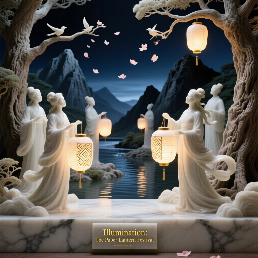 A beautifully composed image of a paper lantern festival lighting up the night sky, framed by dramatic natural scenery, full of atmosphere and visual storytelling