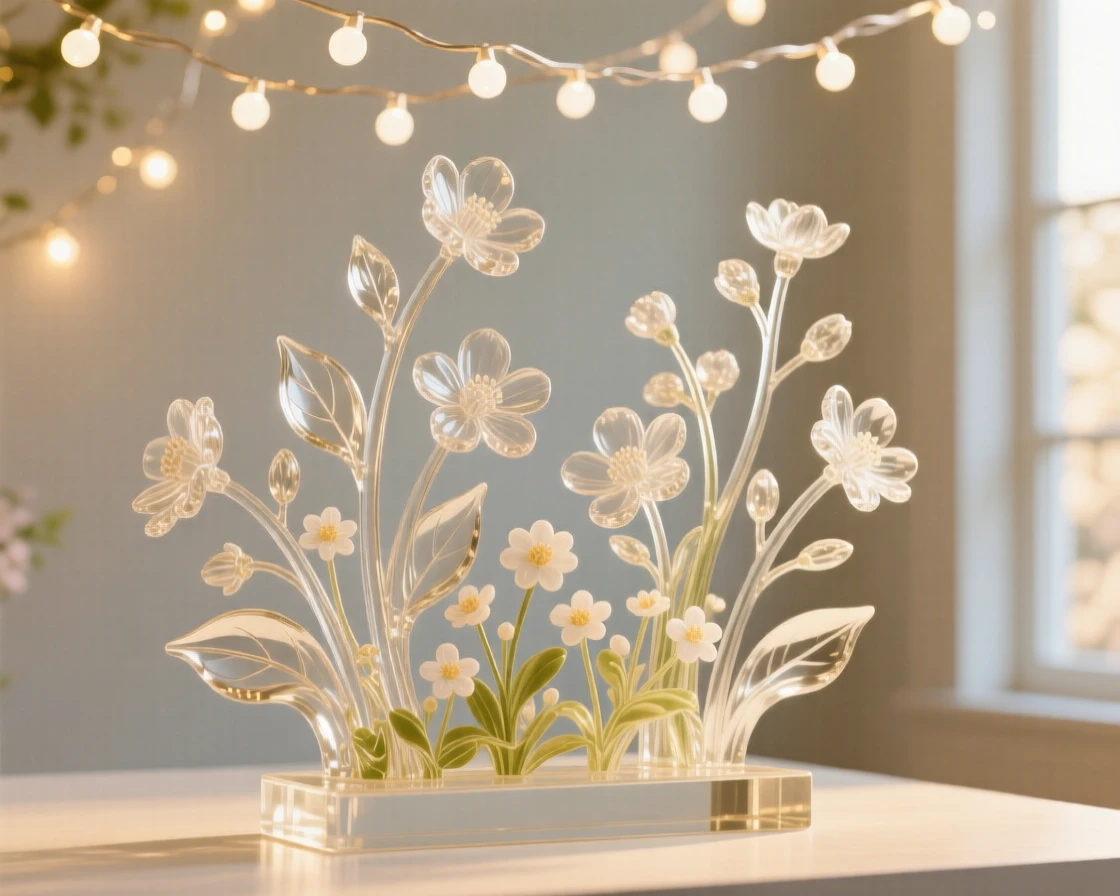 Beneath strings of twinkling holiday lights, a garden bursting into bloom on the first day of spring, while warm light spills from every window nearby
