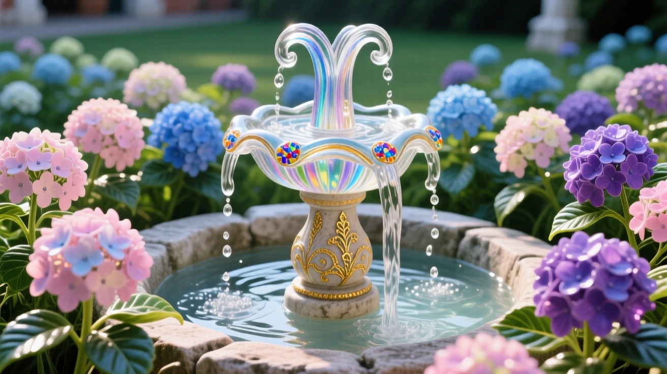 A field of blooming hydrangeas surrounding an ancient stone fountain, lush and tranquil.