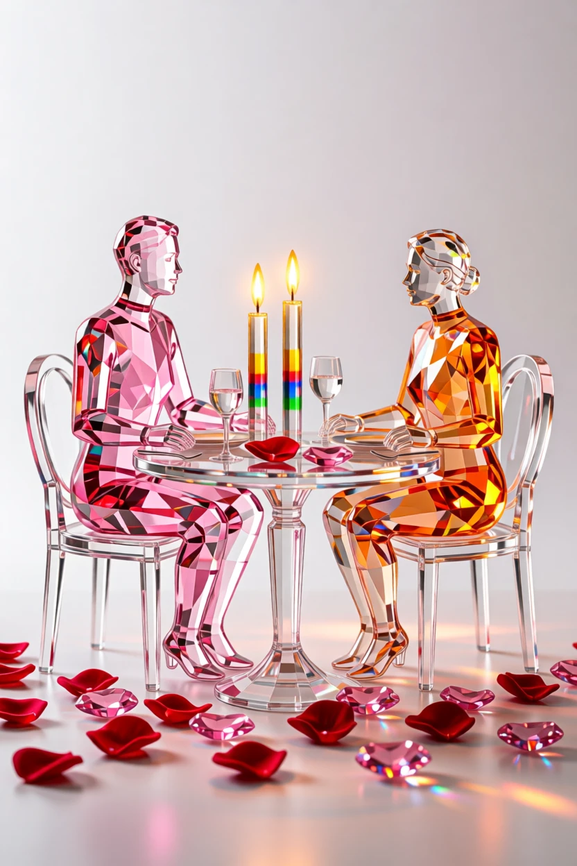 A romantic anniversary dinner scene with rose petals and candlelight.