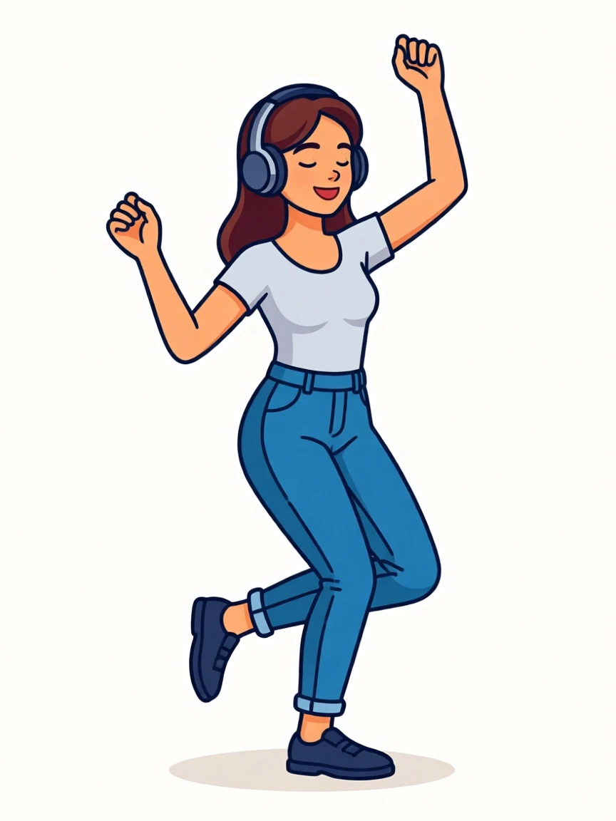 A young woman is dancing together with music, wearing headphones, clean background.