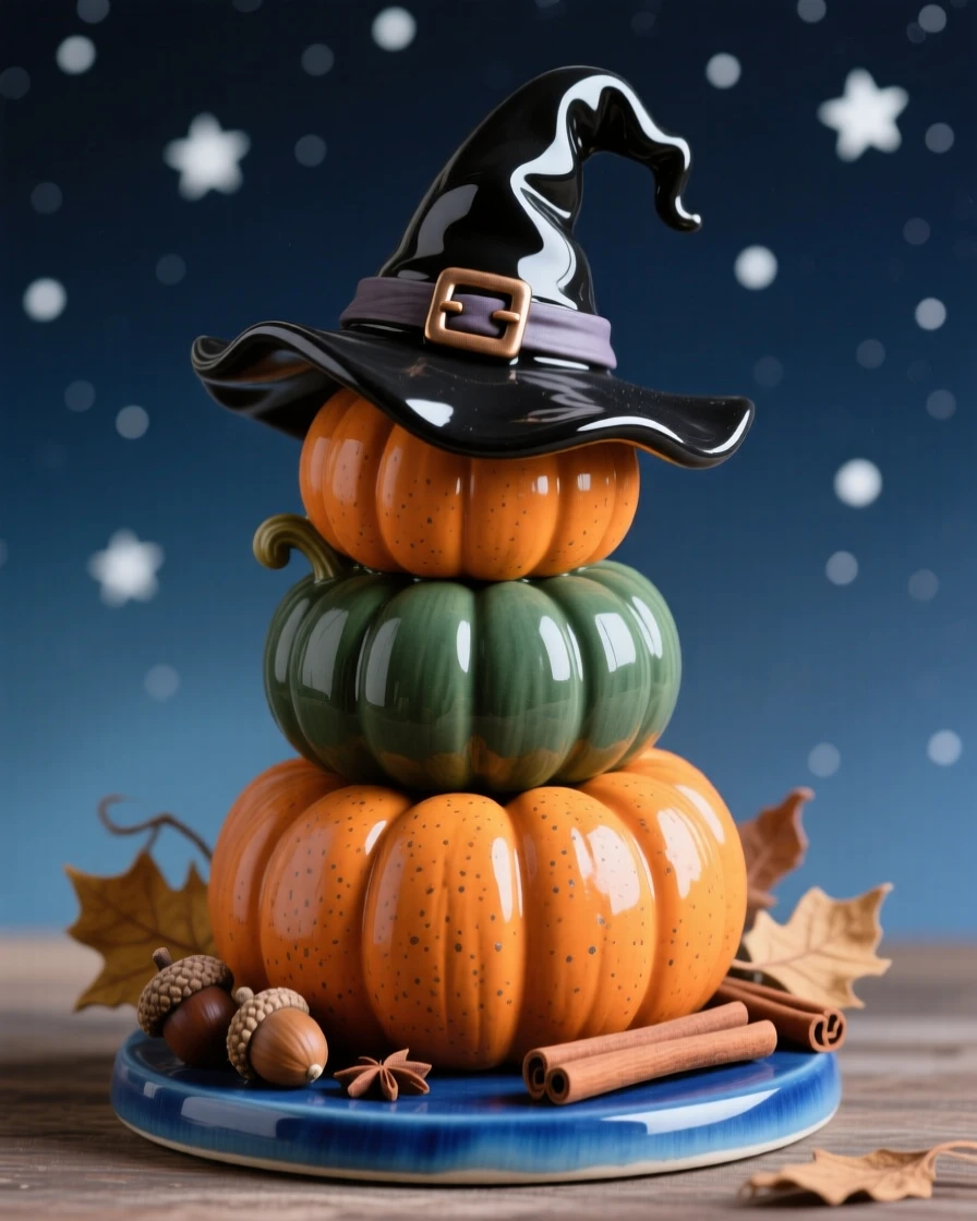 A witch's hat perched atop a stack of pumpkins posed amid seasonal decorations, glowing softly under a starlit sky, radiating cheerful holiday spirit.