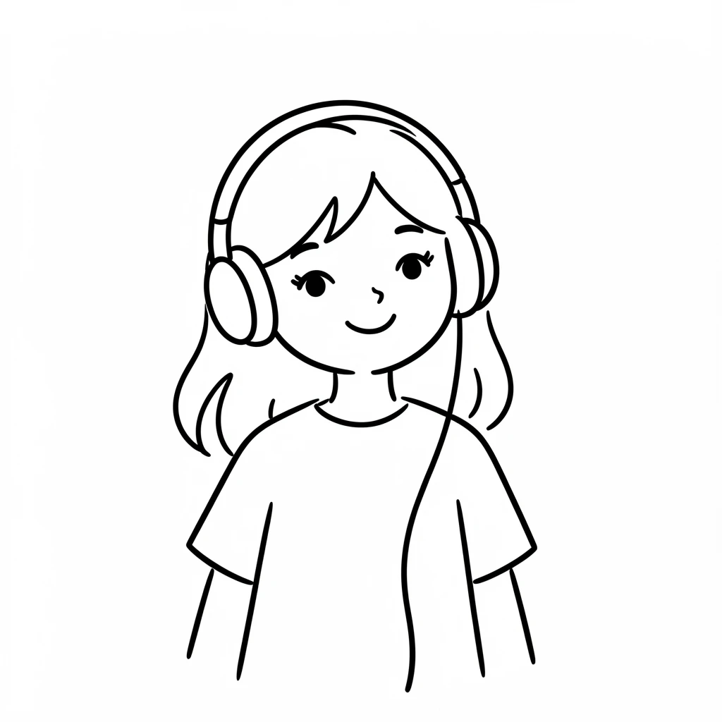 Minimalistic black-and-white drawing of a young girl wearing headphones, perfect for music or podcast-related themes.
