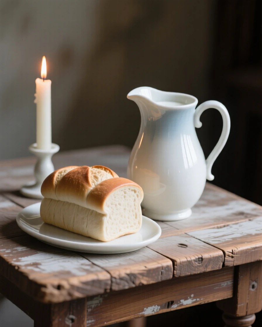 A refined still-life arrangement of fresh bread and a jug of milk on a weathered wooden table, a single candle casting gentle shadows.