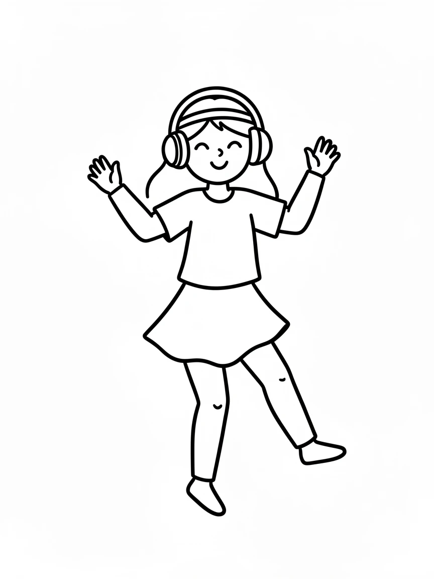A young woman is dancing together with music, wearing headphones, clean background.