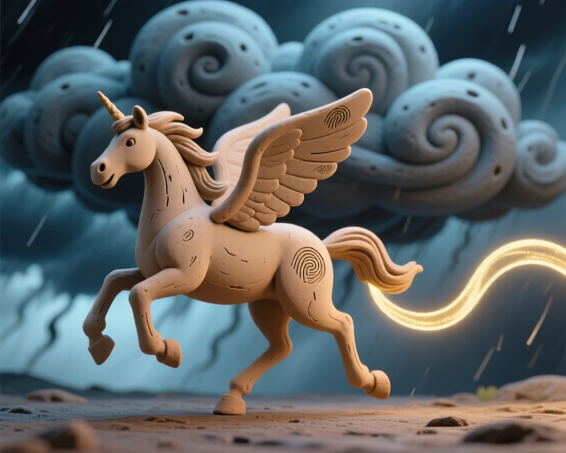 Pegasus galloping across a stormy sky trailing golden light