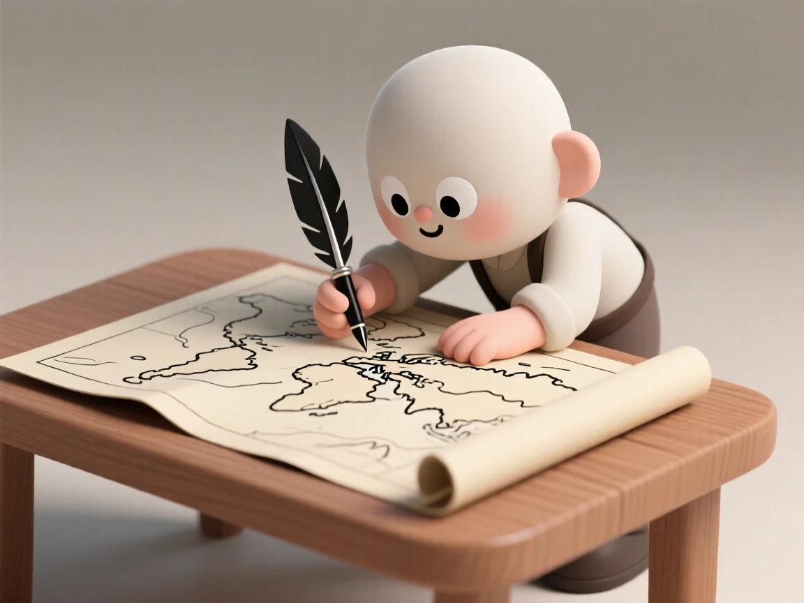A focused cartographer inks careful details onto a large unfolding map spread across a wooden table.
