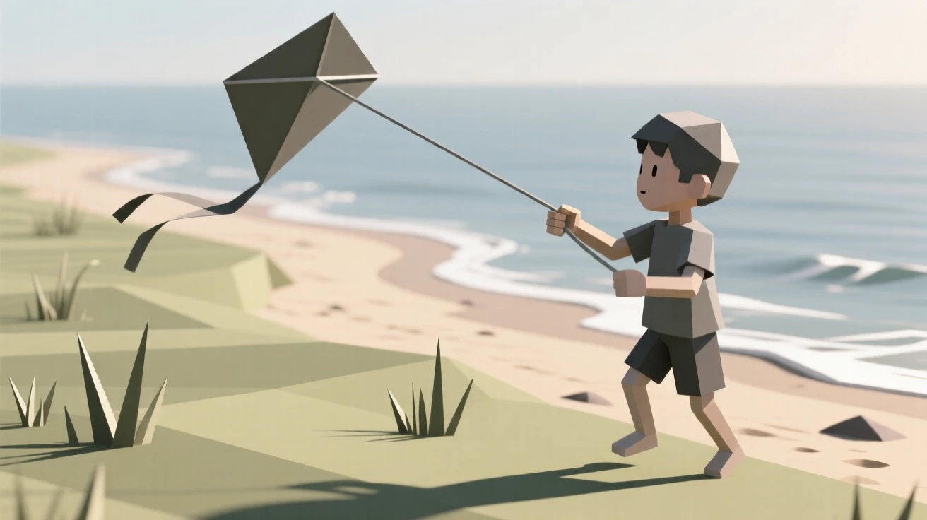A young boy flying a kite on a windy beach, in a quiet, sunlit meadow. fine details in expression bring the moment to life. A wave of nostalgia fills the moment.