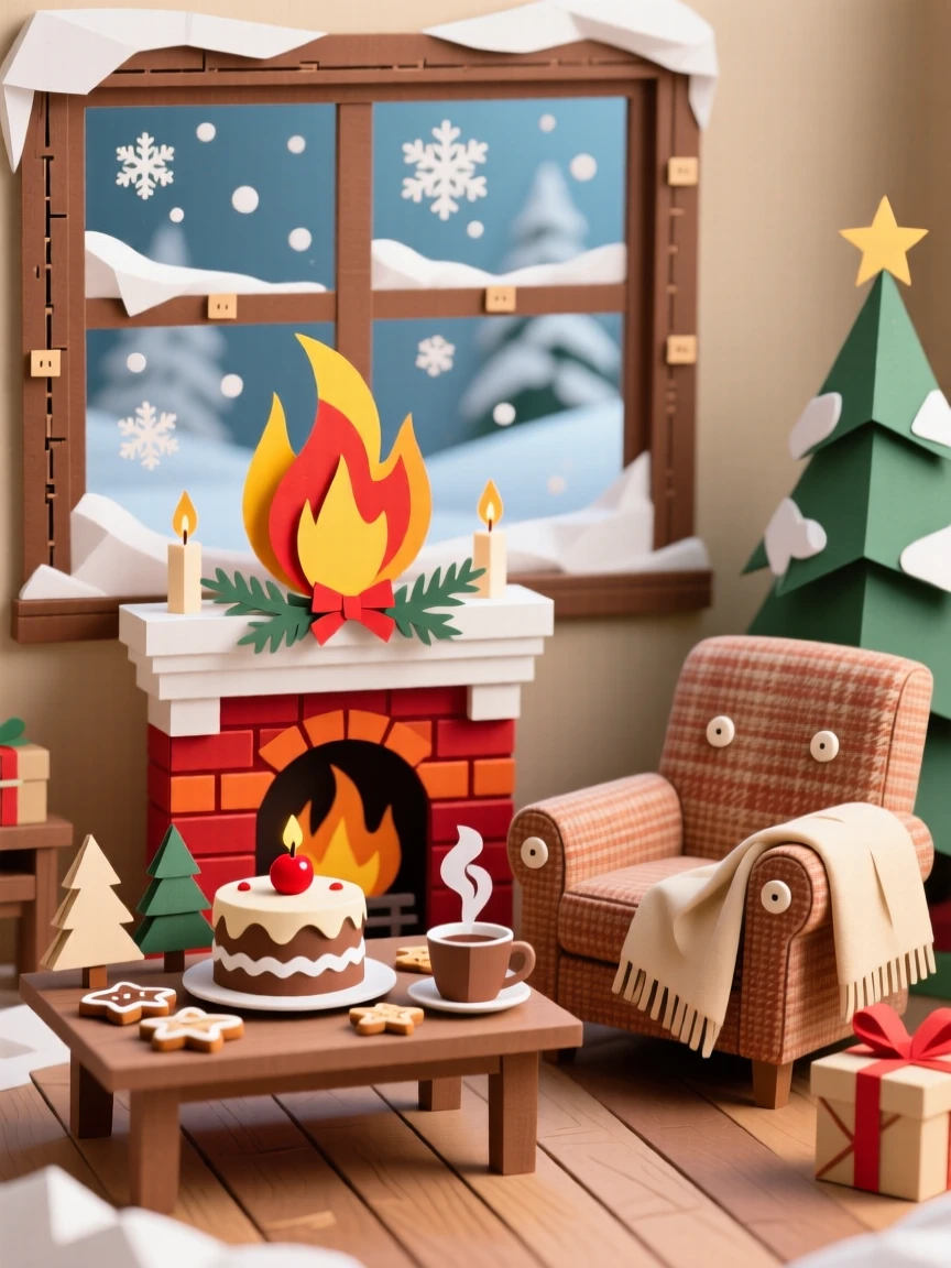 A cozy Christmas living room framed by fresh-fallen snow, with festive treats displayed abundantly, evoking festive warmth and joy.