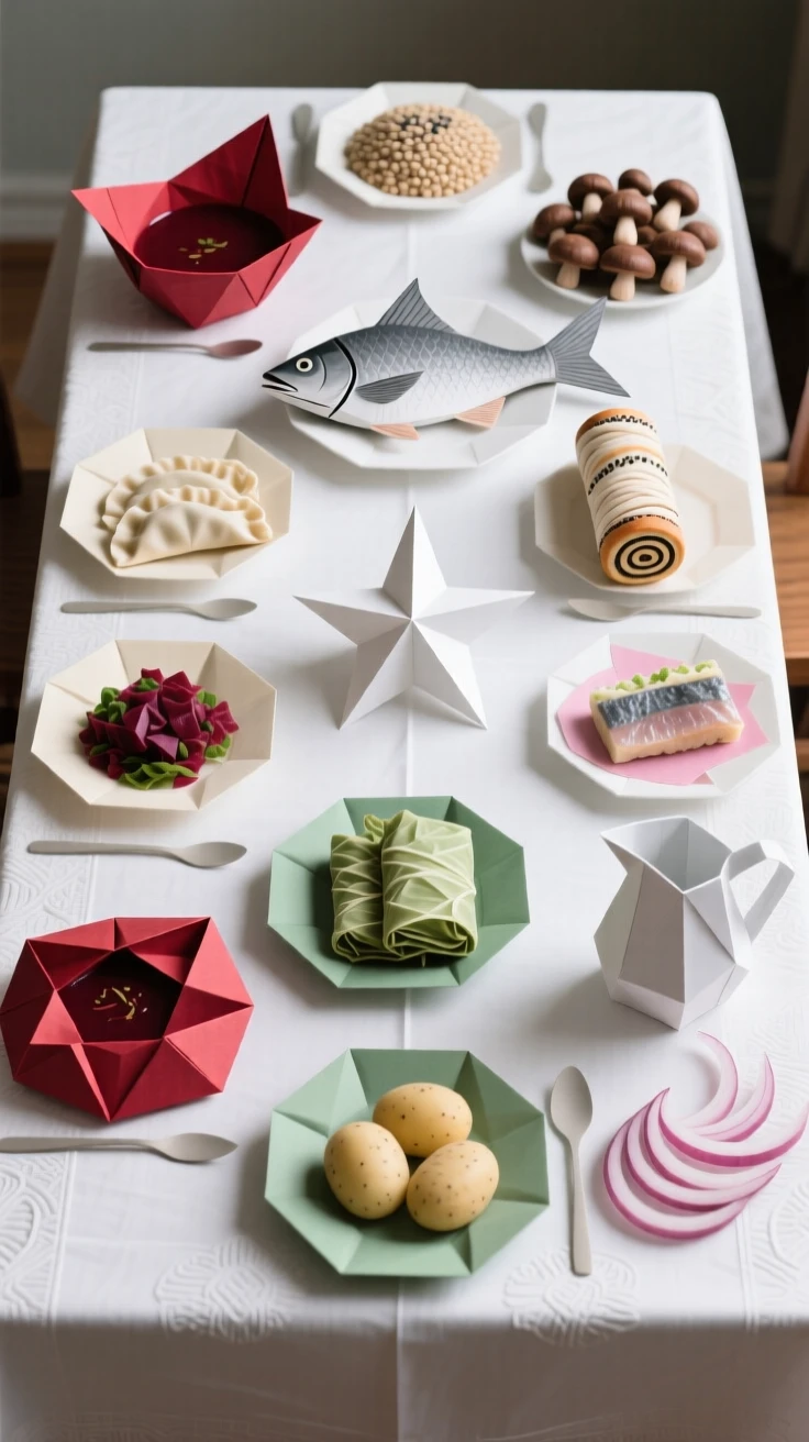 A Polish Wigilia Christmas Eve dinner scene with a table set for twelve traditional dishes.
