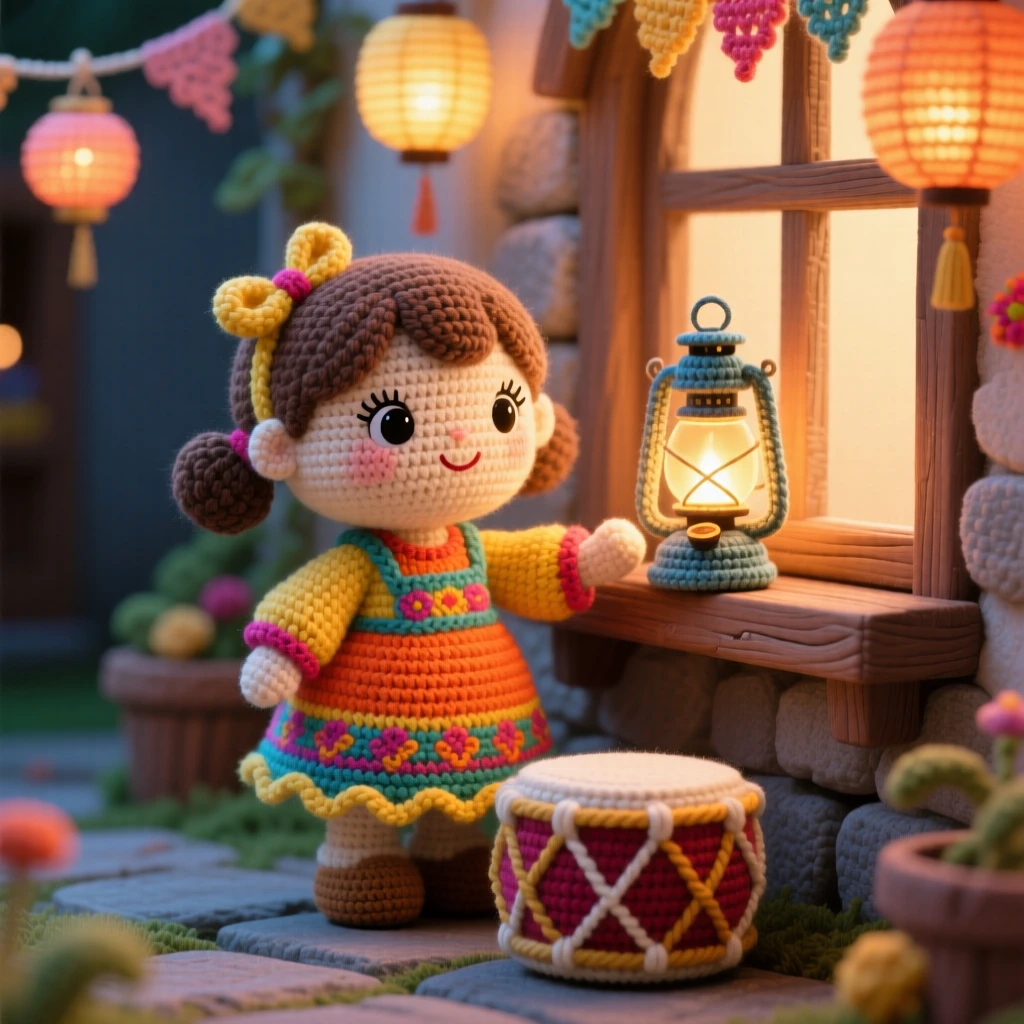 a little girl lighting a small oil lamp, for a festival of lights, is shown placing it carefully on a windowsill in a cozy family courtyard set for a celebration beside a small drum resting nearby, capturing heartfelt togetherness during a special gathering.