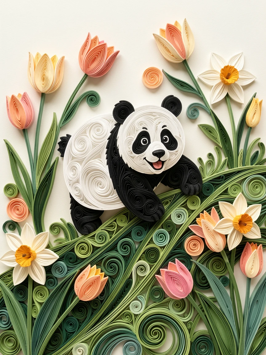 a baby panda rolling down a grassy hill, in a garden bursting with tulips and daffodils, captured mid-motion with a joyful, candid feel, in warm pastel tones of peach, cream, and soft pink.