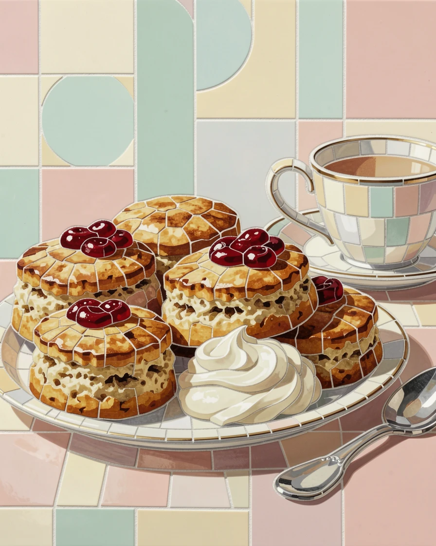A close-up gourmet food photograph of a traditional afternoon tea spread with scones, jam, and clotted cream, with rich color and inviting texture.