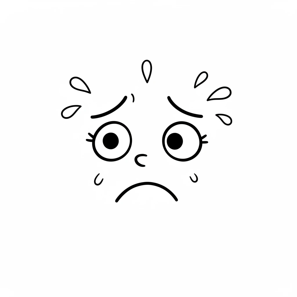 A black-and-white cartoon face with a worried expression and sweat droplets, perfect for conveying stress or anxiety in a fun way.