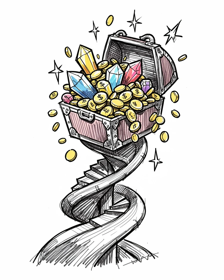 A chest overflowing with gold coins and gems at the top of a spiral staircase.