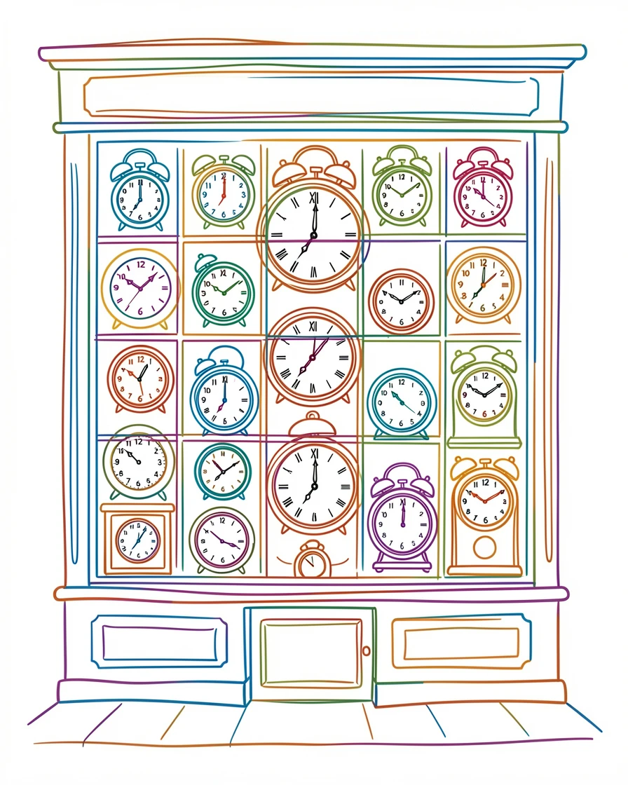 A vintage clock shop window filled with ticking timepieces of every size.
