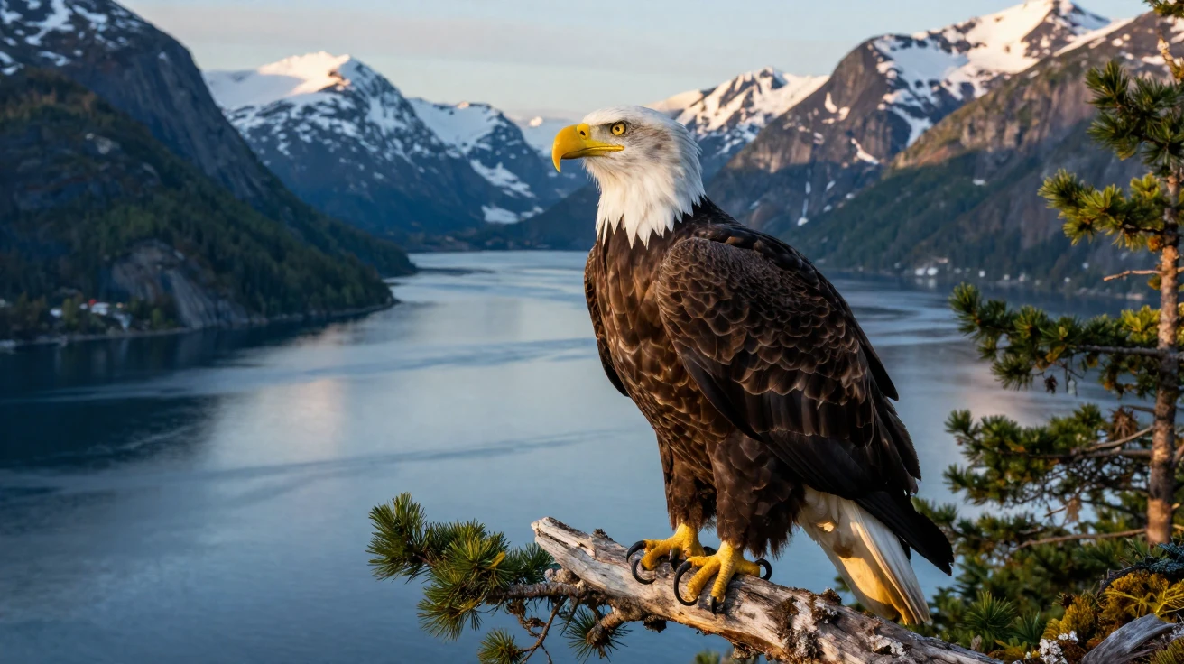 A bald eagle perched above an Alaskan fjord