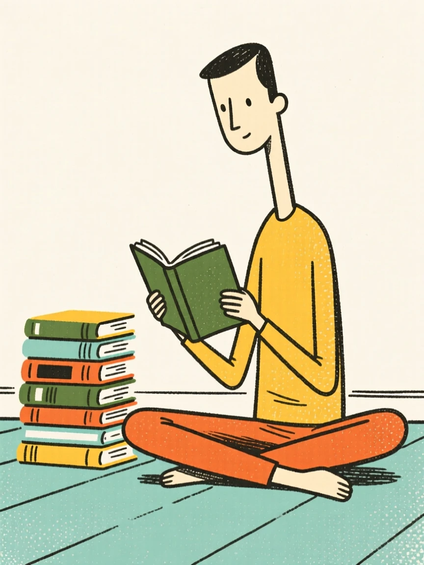 A tall, thin character cross‑legged on the floor, reading a book from the stack beside them, elongated limbs, flat minimal shapes, rough pencil outlines, risograph grain, mid‑century modern colours, playful editorial style.