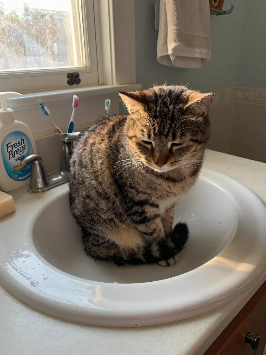 A cat wedges itself into a sink, curling up despite being clearly too large for it.