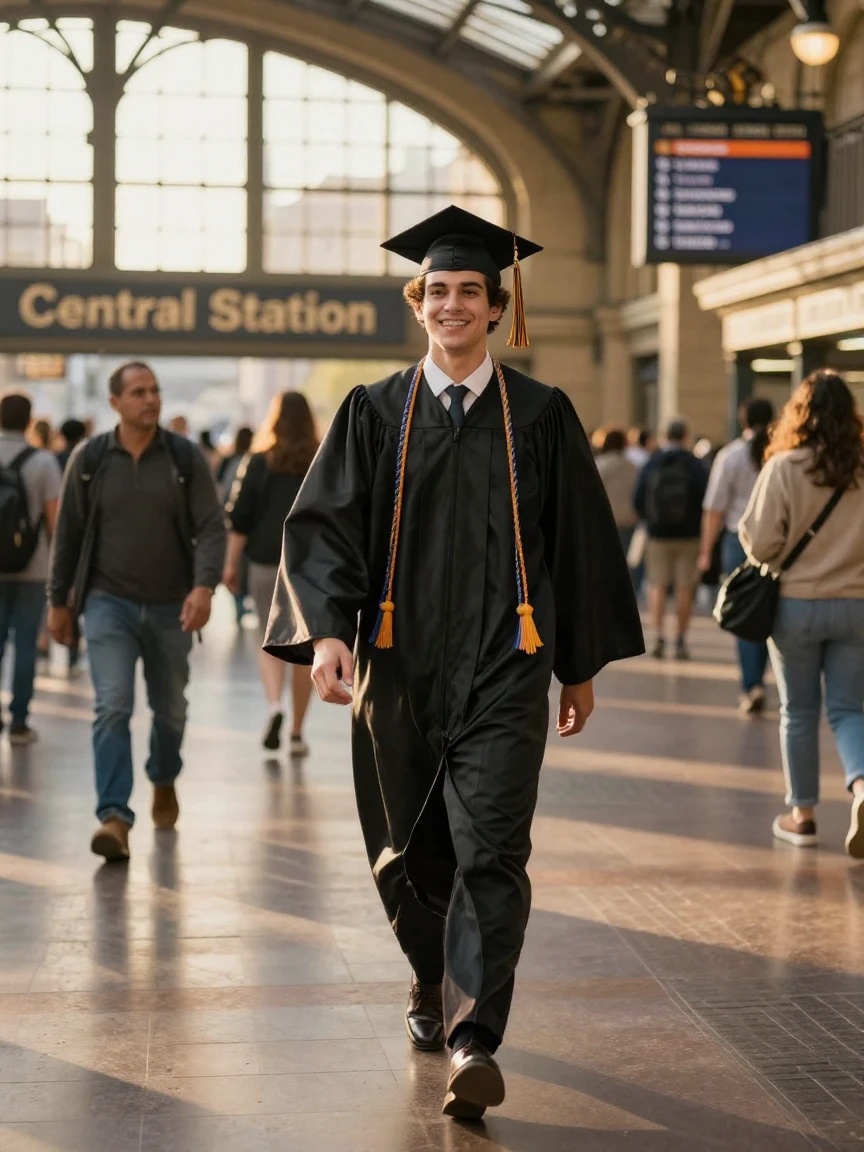 A hopeful graduate taking a first confident step forward in a crowded train station