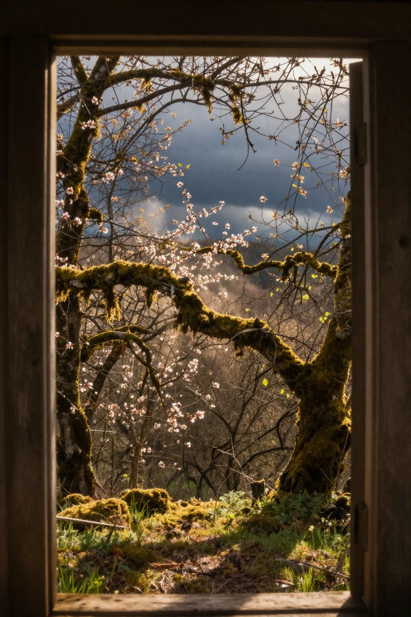 Sunbeams piercing through a dense, moss-covered forest canopy, in warm morning light, under a darkening storm sky, as spring blossoms unfurl, dominated by warm amber and rust tones, framed through an open doorway.