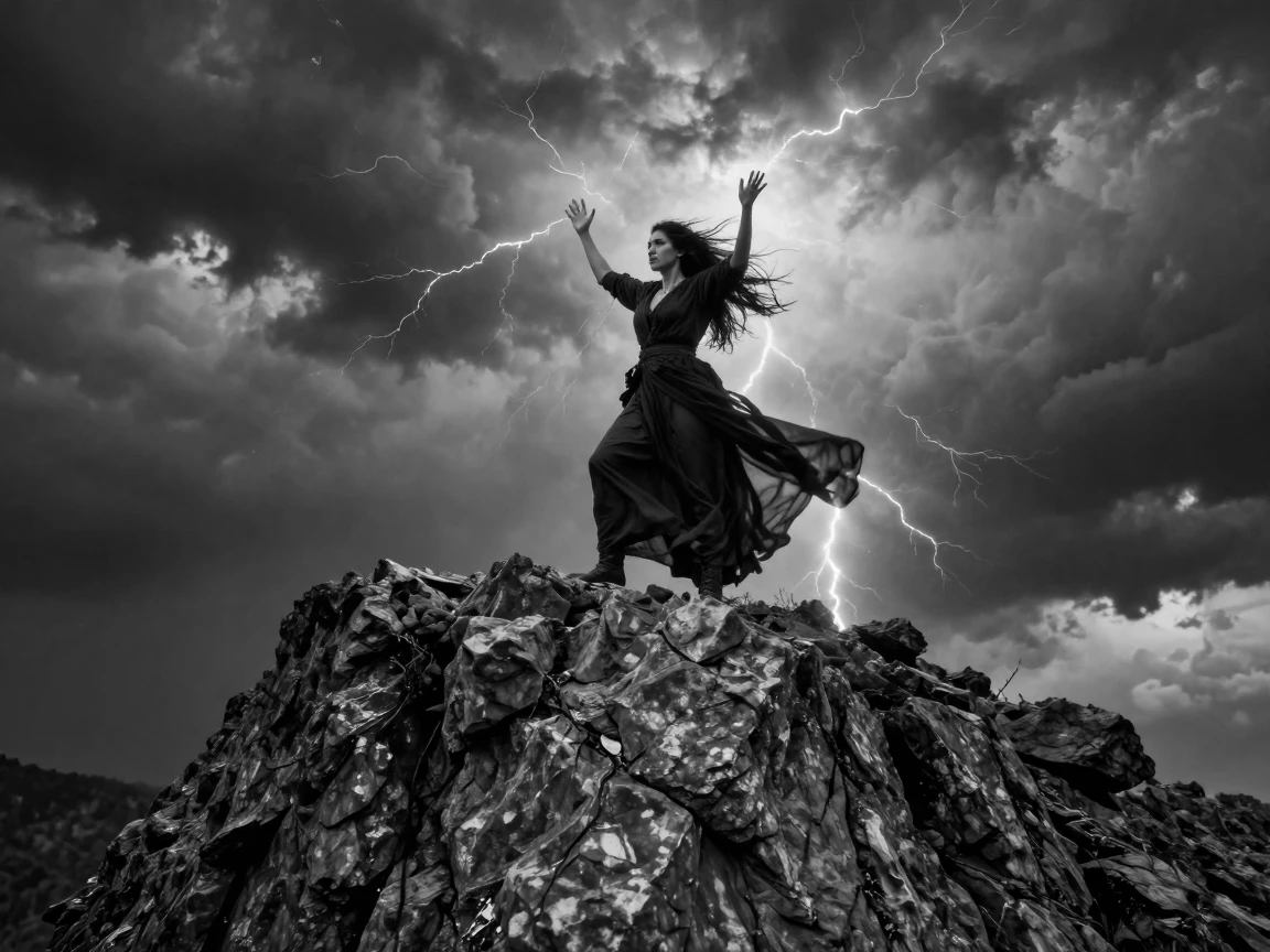 A sorceress summons a storm from a mountaintop atop a jagged cliff.