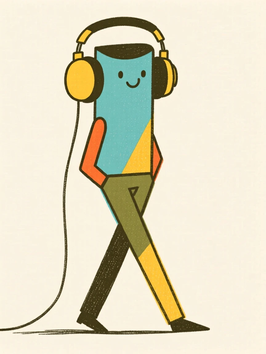 A tall, thin character wearing oversized retro headphones, long legs crossed casually, flat minimal shapes, rough pencil outlines, risograph grain, mid‑century modern colours, playful editorial style.