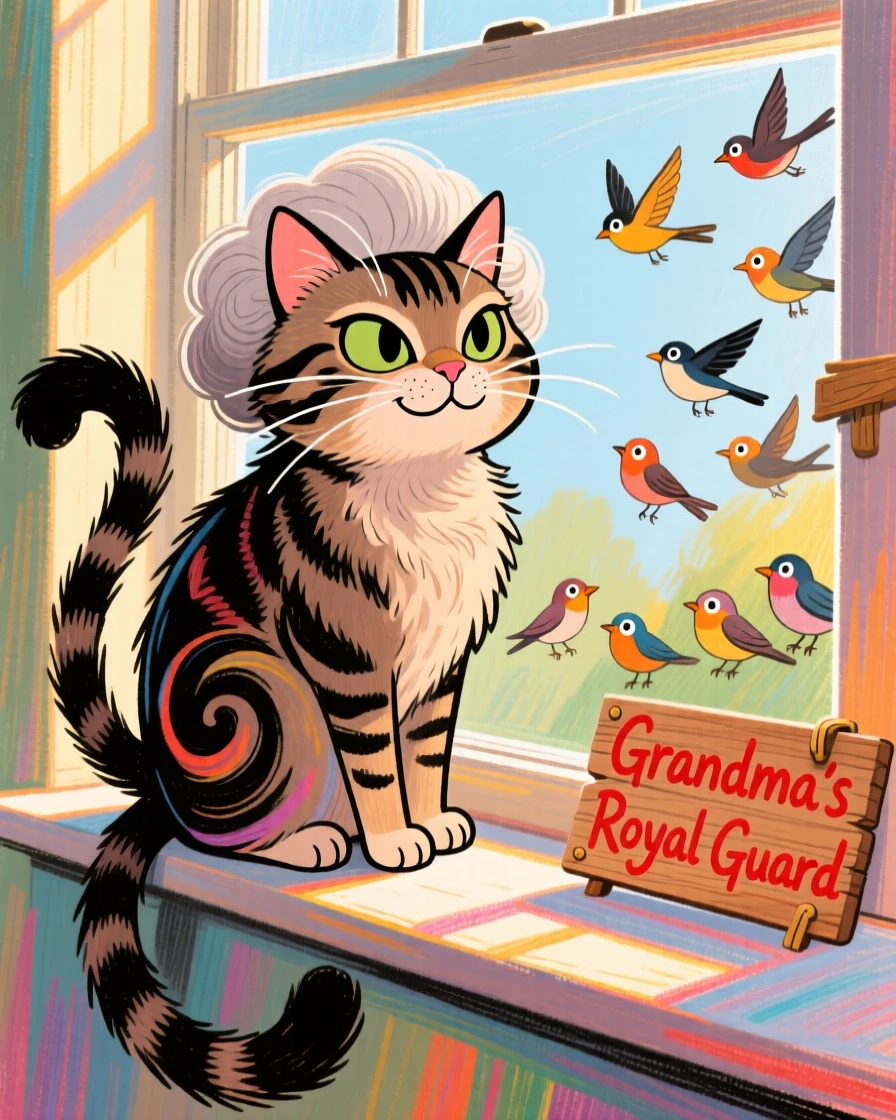 A grandmother's cat perched proudly on a windowsill watching birds outside.