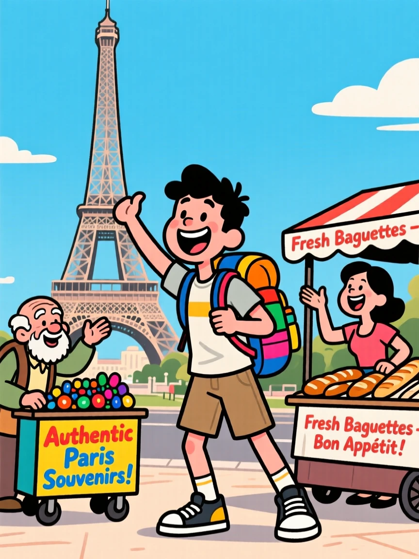 An iconic travel scene featuring a solo backpacker posing joyfully in front of the Eiffel Tower, as street vendors call out cheerfully nearby.