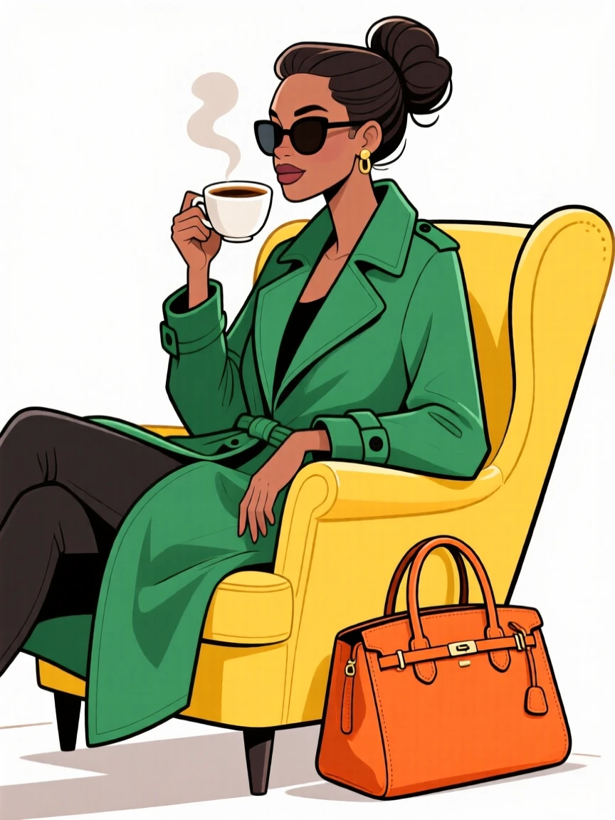 Cartoon illustration of a person in a green coat, sipping coffee on a yellow chair with an orange bag. Relaxed and stylish vibe.