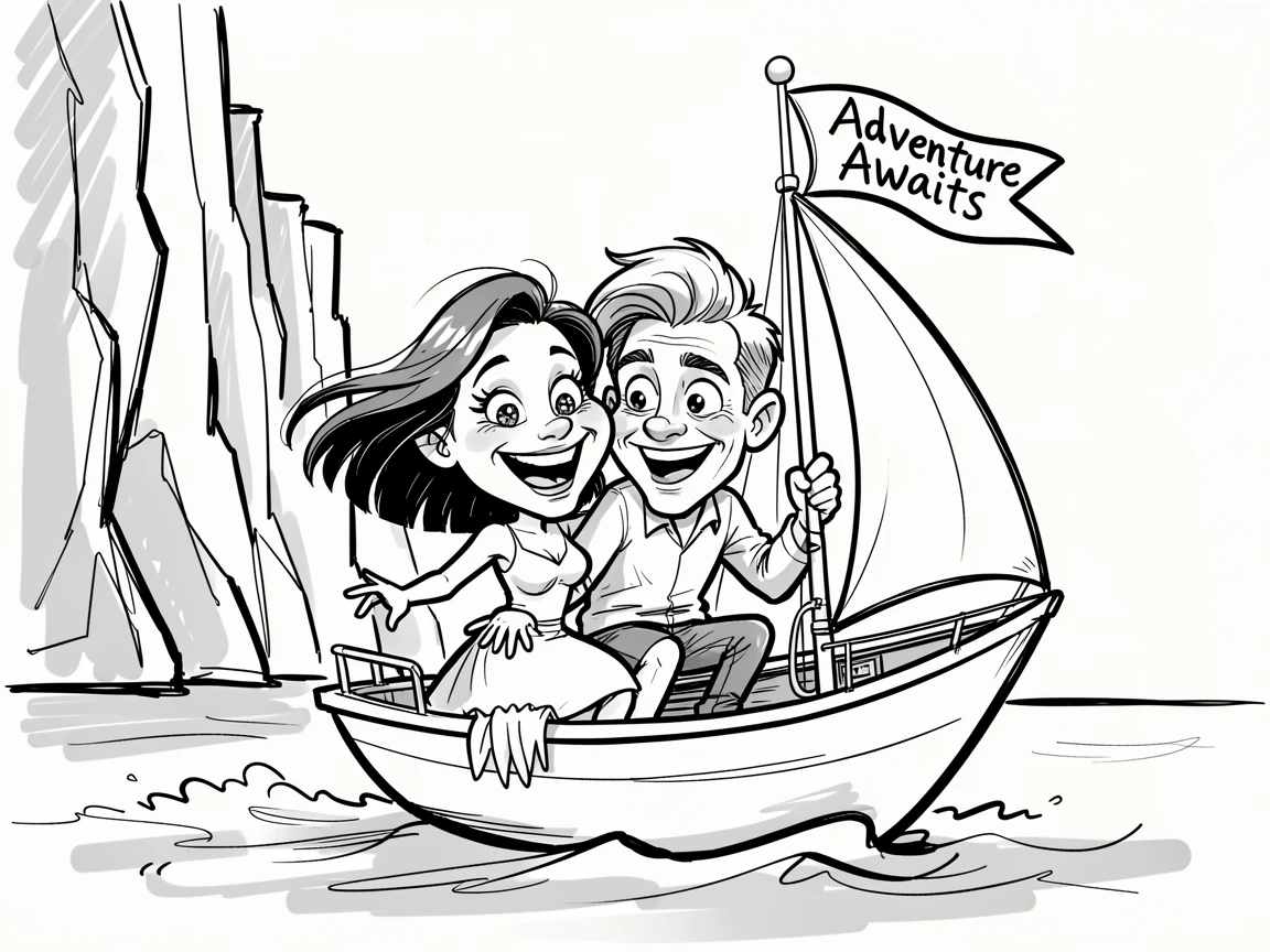 [Travel & Cultural Experiences] Vivid travel scene of a delighted honeymoon couple sailing past dramatic coastal cliffs, full of wonder and adventure