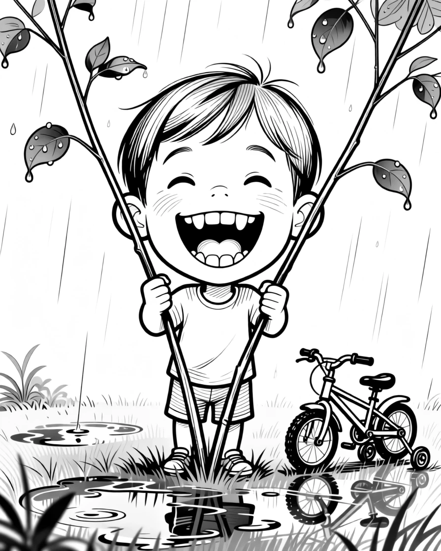 A kid triumphantly missing a tooth with a huge grin, poking out from behind branches far too thin to hide anyone, set in a backyard after a summer rainstorm. A tiny bicycle with training wheels waits nearby. The image radiates the carefree magic of being young.