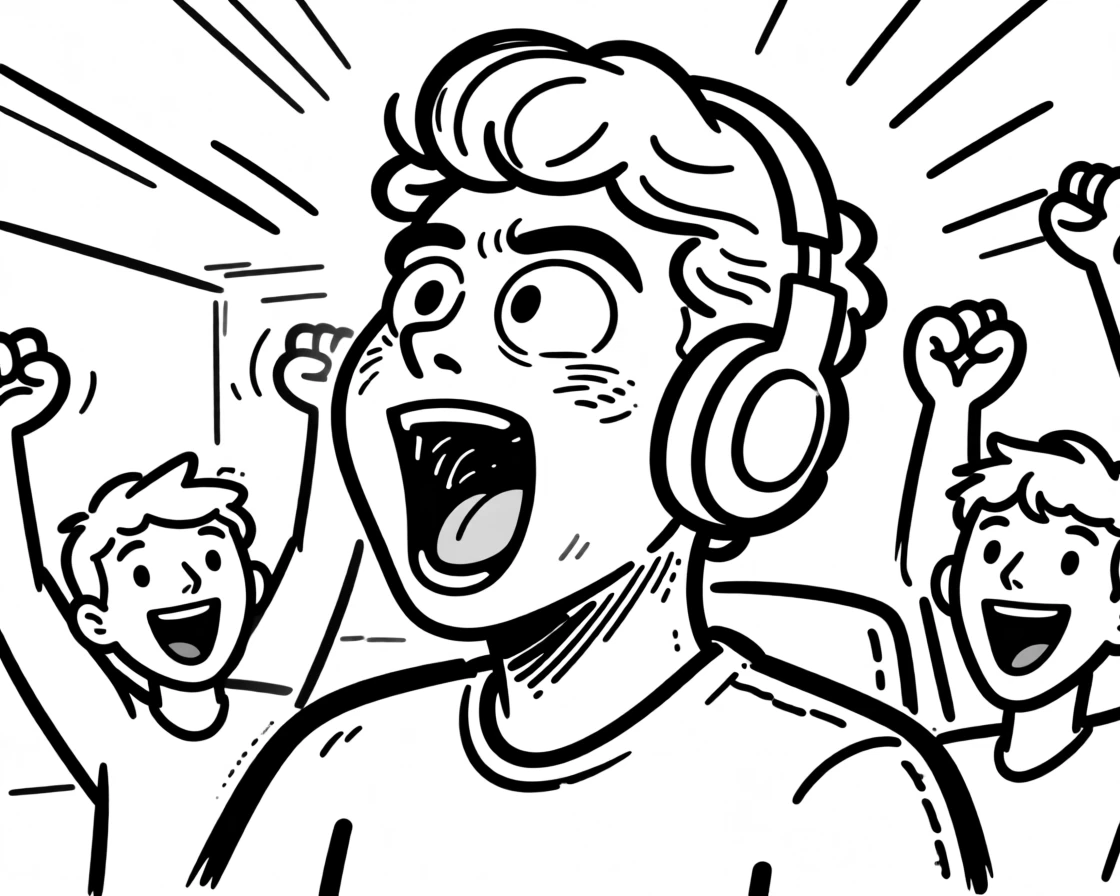 An esports player celebrating a clutch win, headset askew, teammates cheering behind.