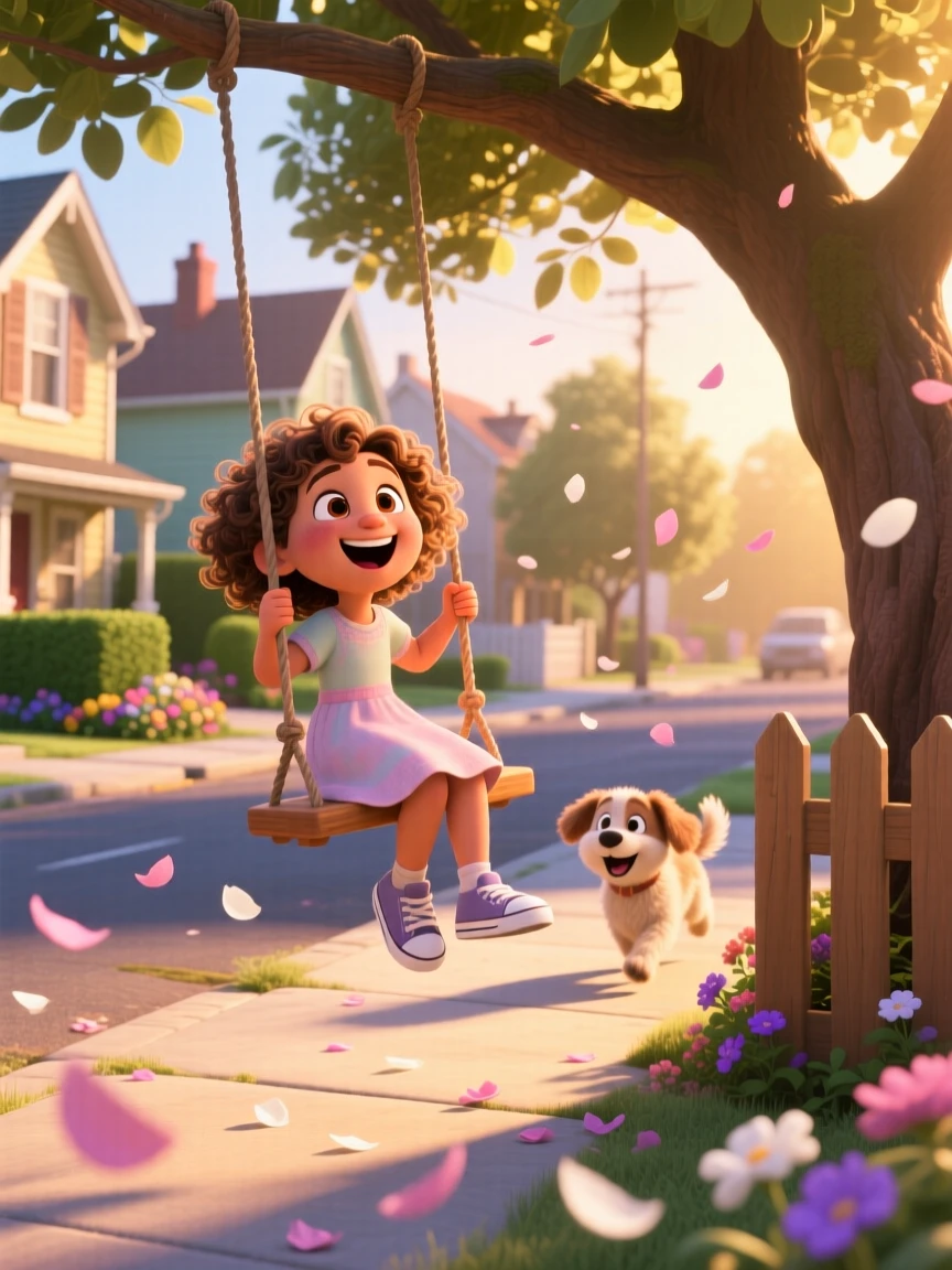 A young girl laughing on a swing unfolds on a quiet neighborhood street at golden hour, with flower petals scattered on the breeze. A heartfelt sense of happiness fills the moment.