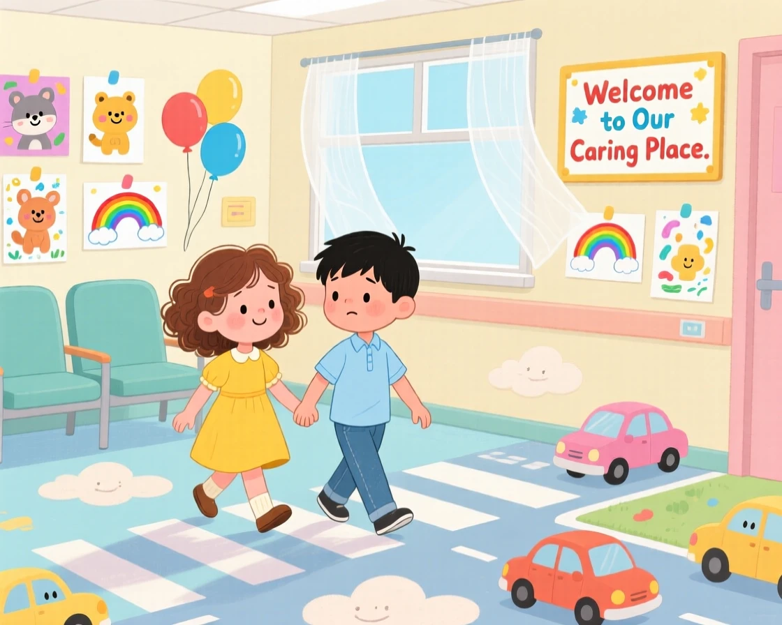 A girl and a shy new classmate are seen holding hands while crossing a busy street in a hospital waiting room decorated with drawings, while a soft breeze carries away any worry.