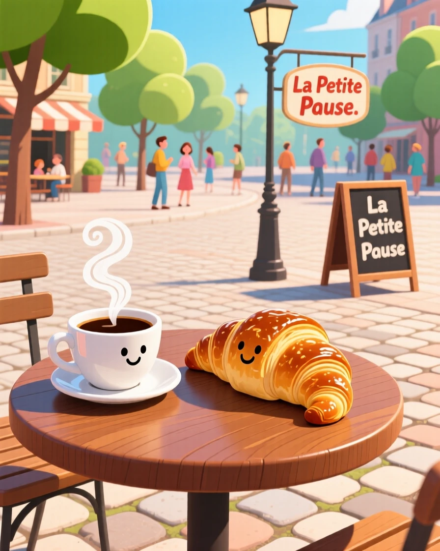 A cup of coffee and a croissant on a café table overlooking a plaza.