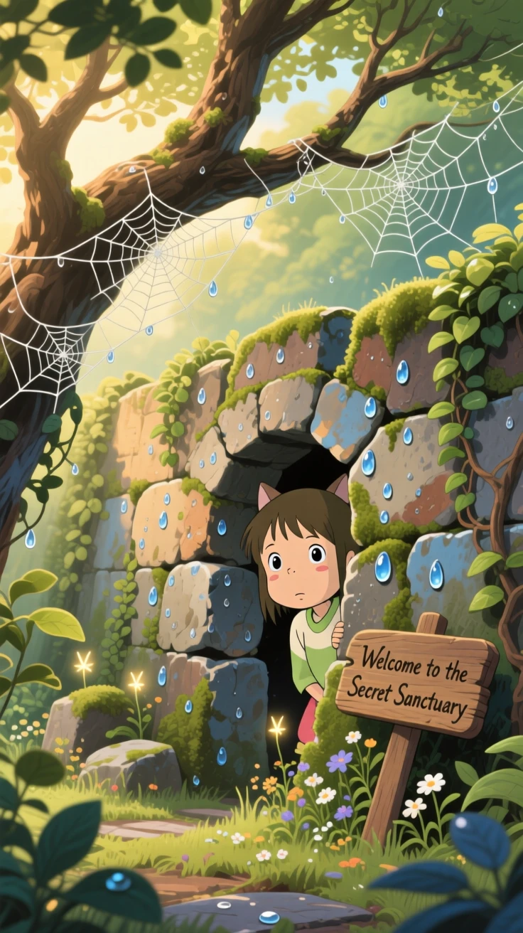 A hidden garden enclosed by a crumbling stone wall, dew clinging to spiderwebs strung between branches, creating a scene of quiet natural magic.