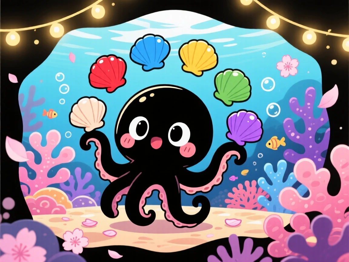 A curious octopus juggling colorful shells, framed as a silhouette composition within a coral garden seabed, as cherry blossom petals drift on the breeze, glowing under warm fairy-light glow, evoking wide-eyed wonder.