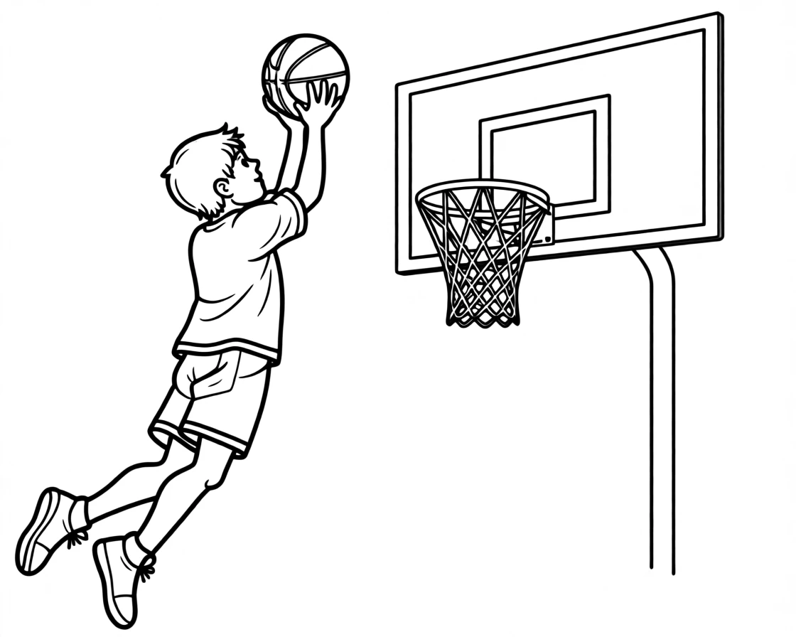 A basketball player making a jump shot toward the hoop